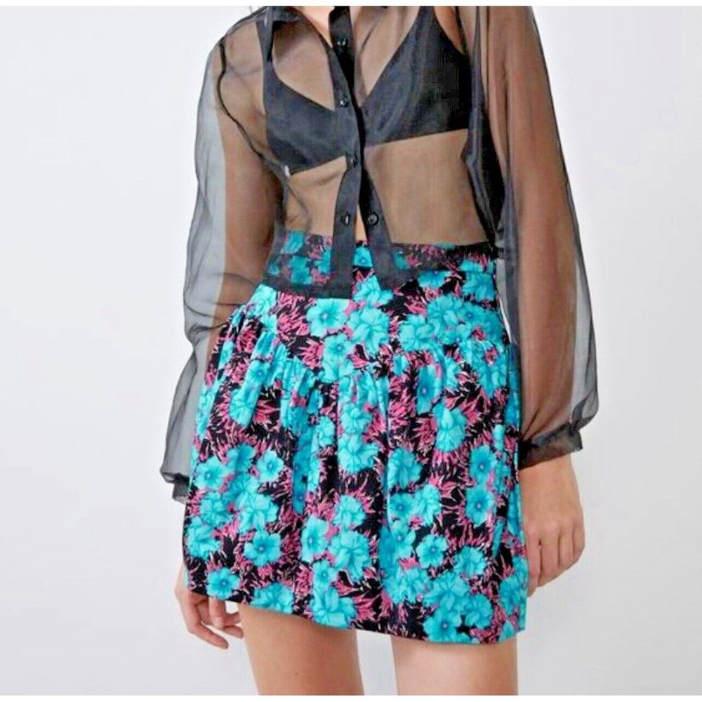 Floral Mini Skirt Bright Turquoise Pink Black Coquette Soft Girl Aesthetic